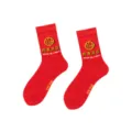 Red New Year mid-calf socks featuring woven Chinese character quotes and festive jacquard style. - One Size / Prosperity Slogan