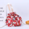 Japanese style red canvas bento lunch bag with cute dog pattern for daily school use. - Drawstring Style / Red