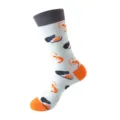 Süße marineblau gemusterte Herren Socken mit Garnelen Motiv und orangefarbener Fersenkappe. - Einheitsgröße / Garnelen & Muscheln
