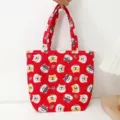 Leuke cartoon hond print canvas bento tas, draagbare lunchhandtas met ritsluiting. - Hondenkop / Rood