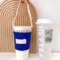 Einfarbige Canvas Tassenhülle tragbare Getränkebeutel Kaffeetassenhalter mit Gurt - Dunkelblau