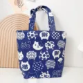 Blue canvas tote bag with cute white cat print, durable handbag for daily lunch and shopping. - Cat Sketch / Dark Blue