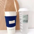 Einfarbige Canvas Tassenhülle mit Tragegurt tragbarer Kaffeetassenhalter für den täglichen Gebrauch - Marineblau