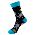 Space theme crew socks with astronaut and rocket print, comfortable cotton socks for daily wear. - One Size / Black Blue Astronaut Rocket (370)