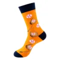 Trendy men's mid-calf socks in vibrant orange with cool baseball and sports print patterns. - One Size / Orange Baseball Glove (411)