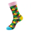 Colorful geometric patterned mid-calf crew sock with pink cuff, yellow heel and blue toe. - One Size / Argyle Stripe Patchwork (433)