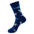 Blue shark pattern mid-calf cotton socks for men and women, stylish casual streetwear long socks. - One Size / Shark Pattern (W020-361)