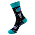 Unisex space themed crew socks with astronaut pattern, cool black and cyan design for streetwear. - One Size / Black Cyan Astronaut Balloon (372)