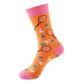 Orange mid-calf sports socks with pink accents and fun badminton racket patterns for men. - One Size / Orange Badminton Tennis Racket (412)