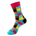Colorful geometric patterned men's mid-calf crew sock in vibrant multicolored style variant. - One Size / Geometric Plaid Patchwork (434)