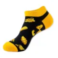 Black yellow food print short socks, stylish cotton ankle boat socks for men and women daily wear. - One Size / Black (Pasta C125)
