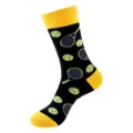 Men's stylish black yellow tennis racket pattern mid-calf cotton casual fashion sport socks - One Size / Yellow Tennis and Racket (413)