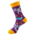 Purple astronaut space theme crew socks with yellow cuff, heel, and toe for street style. - One Size / Purple Yellow Astronaut Science Symbols (373)