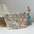 Blumiges Cord Kosmetiktasche Reise Make Up Etui Beige Kulturbeutel Damen Klein - Beige / Beige Blumenmuster