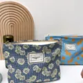 Floral cosmetic bag set canvas zipper pouch travel toiletry makeup organizer detail view - Blue Base Rose Floral