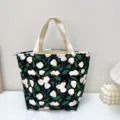 Niedliche Blumen-Canvas-Tasche mit Reißverschluss für Lunchboxen, ideal für Schule und Alltag. - Schwarzer Hintergrund Lilie / Verbundener Wasserdichter Stoff