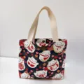 Canvas handbag with Japanese lucky cat print, cute small tote bag for daily casual commute. - Black Lucky Cat