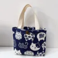 Cute cartoon canvas handbag blue tote bag with cat print and snap button for daily use - Blue Sketch Cat