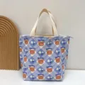 Süße Cartoon Bär blaue Karo Canvas Lunchtasche mit Reißverschluss, tragbare wasserdichte Tasche. - Lila Karierter Bär / Verbundener Wasserdichter Stoff