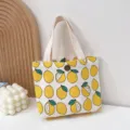 Cute lemon print canvas tote bag for women and girls, casual small handbag with snap button. - Lemon
