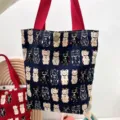 Leuke gelukskat print canvas tote bag, rode bandjes, kleine lunchtas en dagelijkse opbergtas. - Marineblauw