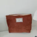 Solid color simple corduroy makeup bag portable travel clutch with zipper storage pouch - Corduroy Coffee