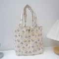 Corduroy tote bag with tulip floral pattern casual aesthetic handbag for women and students. - Orange Small Flowers