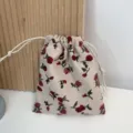 Kleine Kordelzug Tasche aus Kord mit Blumenmuster Make-up Aufbewahrung Staubdichter Beutel - 14cmx16cm / Beige Rose