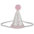 Vista dettagliata del cappello da compleanno rosa brillante per bambini con pon-pon ed elastico. - Bordo Rosa Senza Numero / Colorato e Bianco