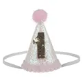 Vista ravvicinata del cappello da compleanno per neonati rosa brillante con numero uno oro. - Bordo Rosa Numero 1 / Colorato e Bianco