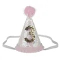 Cappello compleanno glitter rosa per bambini, dettaglio numero tre e bordo pompon. - Bordo Rosa Numero 3 / Colorato e Bianco
