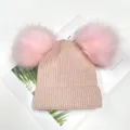 Cute pink double pom-pom knit beanie for women and kids. Cozy winter warm knitted hat. - S (0-4 Years) / Pink