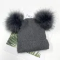 Grey double pom pom knit beanie hat detail, warm fleece lined winter kids adult hat - S (0-4 Years) / Gray