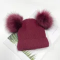 Burgundy double pom-pom knit beanie hat winter warm fleece-lined cute hat detail view - Burgundy