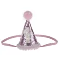 Vista dettagliata del cappello di compleanno rosa glitterato per bambini con pon pon e fascia. - Bordo Rosa Numero 1 / Rosa