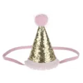 Cappello da festa di compleanno per bambini con glitter oro e pon pon rosa - Bordo Rosa Senza Numero / Oro