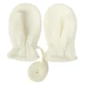 Detailed view of soft kids fleece mittens with anti-lost neck strap in cream white color. - Size S (3-18 Months) / Beige