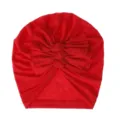 Red baby turban hat with cute layered bow knot, soft knitted pleated infant cap detail. - One Size / Red