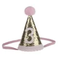 Cappello Compleanno Bambina Glitter Cono Cerchietto Carino Principessa Accessori Capelli Perfetto - Bordo Rosa Numero 3 / Oro