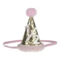 Dettaglio cappello festa compleanno metà anno glitter oro, pompon rosa e fascia elastica. - Bordo Rosa Numero 1/2 / Oro