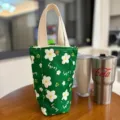 Green floral canvas portable cup sleeve tote bag, cute cartoon water bottle holder daily use. - Green Daisy Style