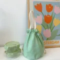 Hellgrüner Leinwand Kordelzug Beutel tragbarer Griff Tasse Tasche Thermoskanne Abdeckung - Groß (Für Lunchbox) / Durchmesser 20cm / Apfelgrün