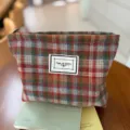 Stylish woolen plaid cosmetic bag for women, retro tweed makeup pouch and toiletry organizer. - Vintage Orange-Red Plaid Cosmetic Bag