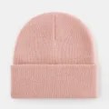 Pink knitted beanie detail shot, cozy ribbed winter hat texture closeup, casual fashion wear. - Pink