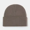 Close-up detail shot of a classic brown ribbed knitted beanie, showing soft texture and folded edge. - Dark Khaki