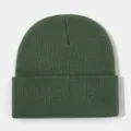 Detailed view of dark green knitted winter beanie, showing fine knit texture and warm cuff. - Army Green