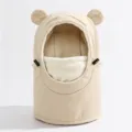 Kids winter windproof warm balaclava hat cute bear ears fleece lined outdoor ski cap beige - One Size / Khaki