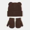 Süßes Bärenohren Strickmütze und Handschuhe Set für Kinder im Winter warme Mütze braun - Kaffeebraun