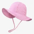 Pink and white striped kids sun hat close-up detail, adjustable chin strap bucket hat - Size 46 (3-12 Months) / Pink Stripe