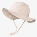 Striped kids sun hat detail, adjustable chin strap, wide brim outdoor sun protection. - Size 46 (3-12 Months) / Beige Striped